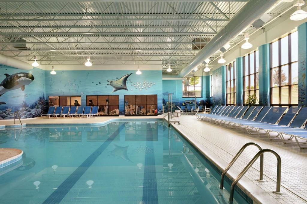 Indoor swimming pool with a mural of sea life on the walls. Multiple lounge chairs line the pool area, and large windows let in natural light.