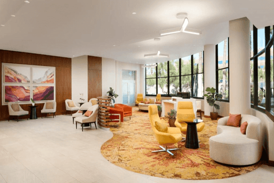 Beautifully decorated common area with ample seating.