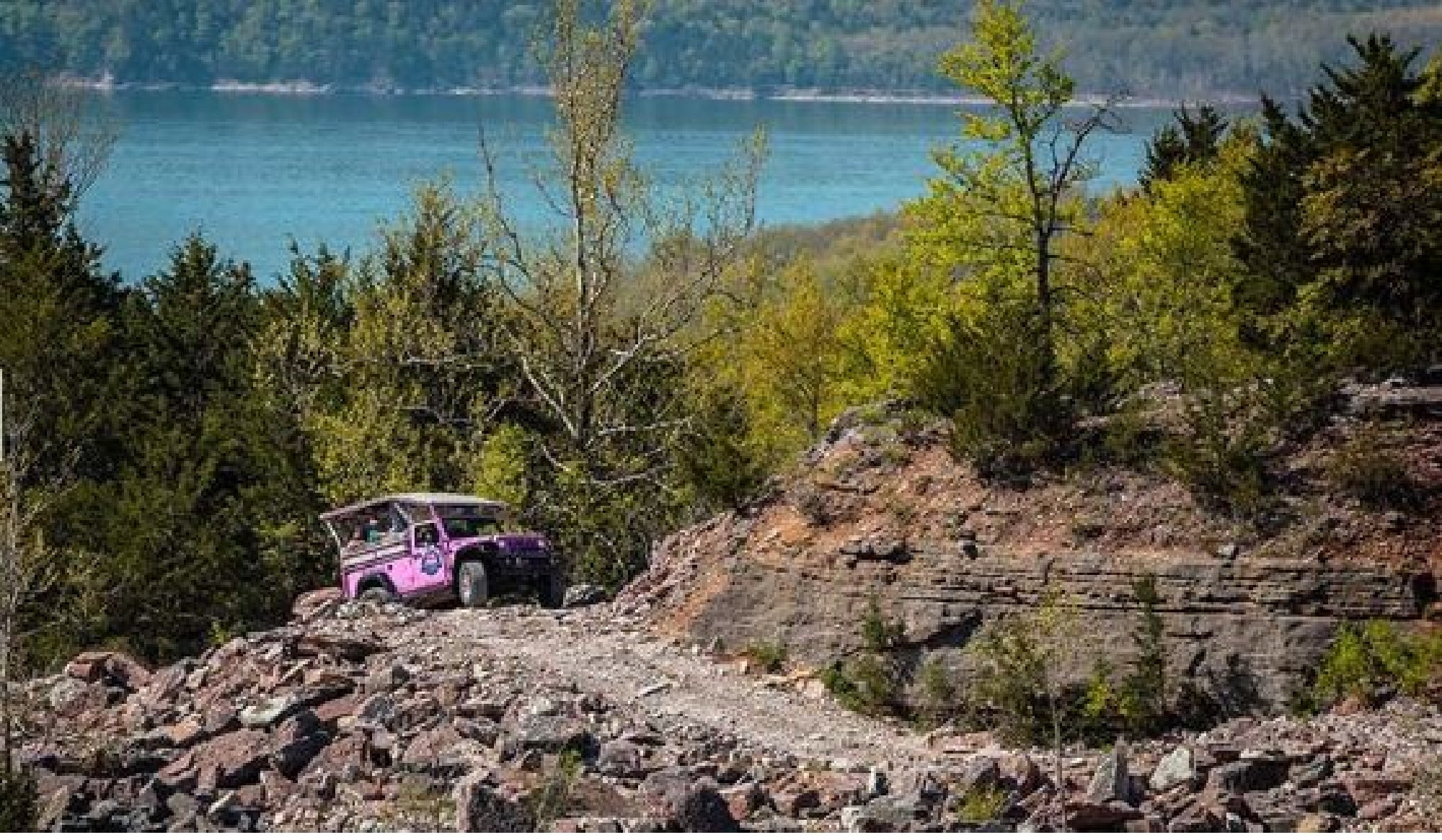 A purple off-road vehicle drives on a rocky trail with a lake and forested hills in the background.