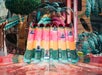 Six people slide down colorful, side-by-side water slides in an indoor water park, surrounded by decorative plants and structures.