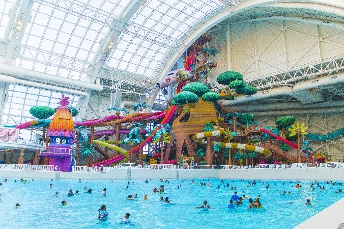 Indoor water park with a wave pool and colorful slides. People are swimming and enjoying the attractions under a large, curved glass ceiling.
