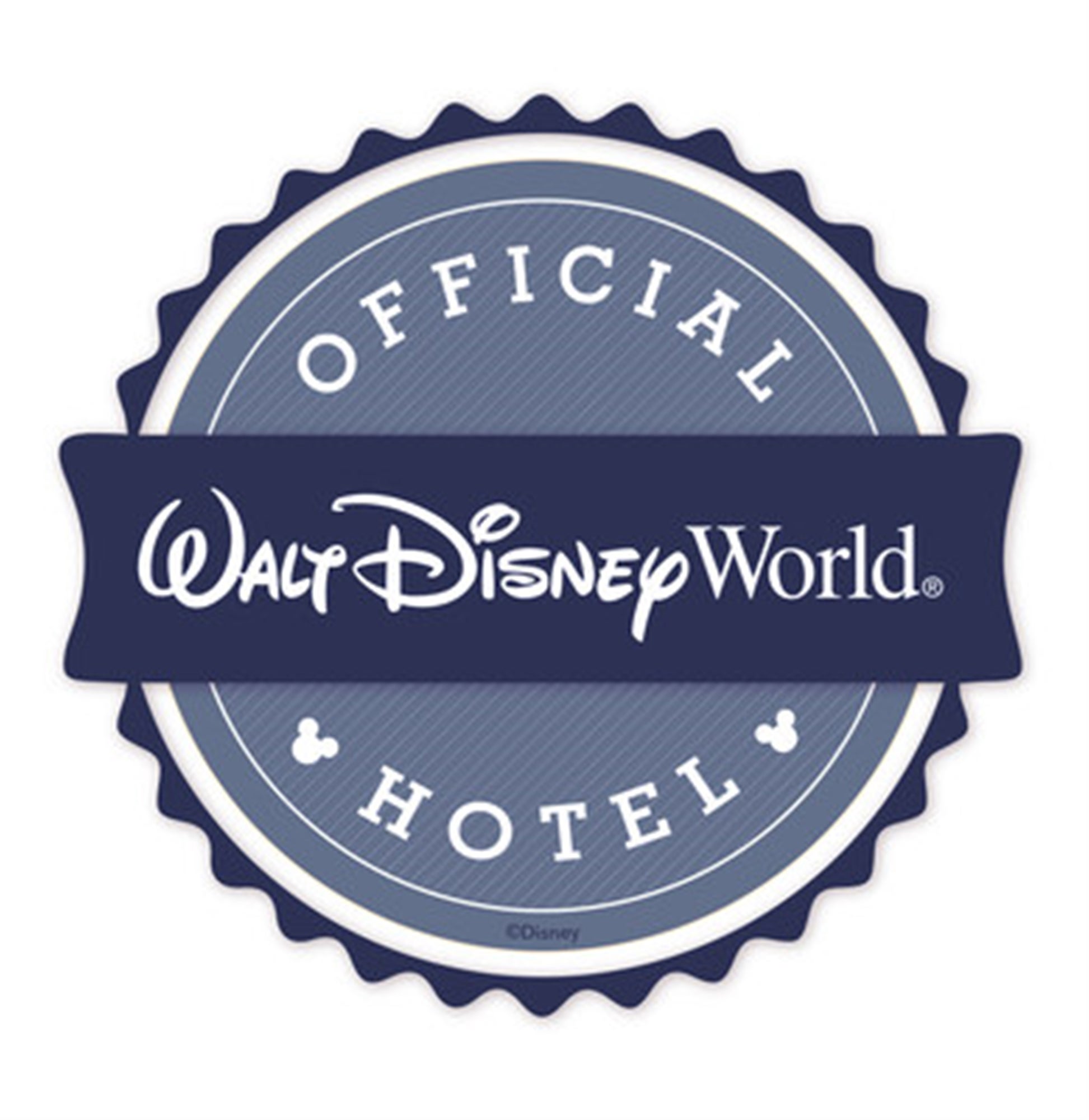 A circular badge with the text "Official Walt Disney World Hotel" in white on a blue background, featuring small Mickey Mouse icons.