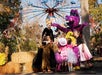 A group of children in costumes interacting joyfully with a purple dragon mascot at a festive outdoor setting, with a carnival ride in the background.