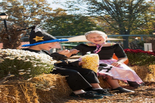 Two children in Halloween costumes sit on straw bales outdoors, sharing a tub of popcorn and laughing, surrounded by autumn flowers.