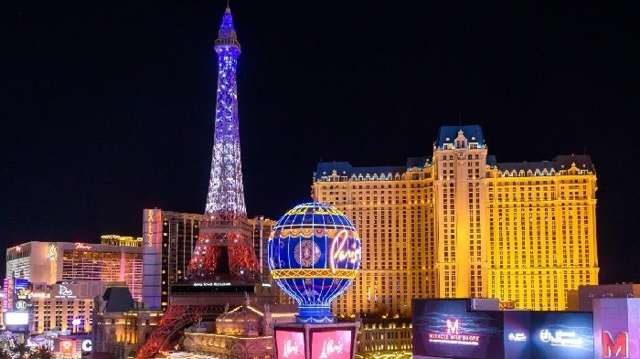 Paris Casino Balloon and Eiffel Tower neon lights Las Vegas NV