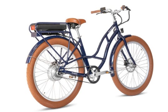 A blue electric bicycle with brown tires and a brown seat, featuring a rear rack-mounted battery and silver handlebars.