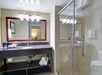 Hotel bathroom with a large mirror, vanity sink, and toiletries. Glass shower enclosure and neatly rolled towels on the shelf below the sink. Bright lighting above the mirror.