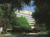 View of the front of the Embassy Suites with several large trees blocking parts of the hotel on a sunny day in Orlando, Florida.