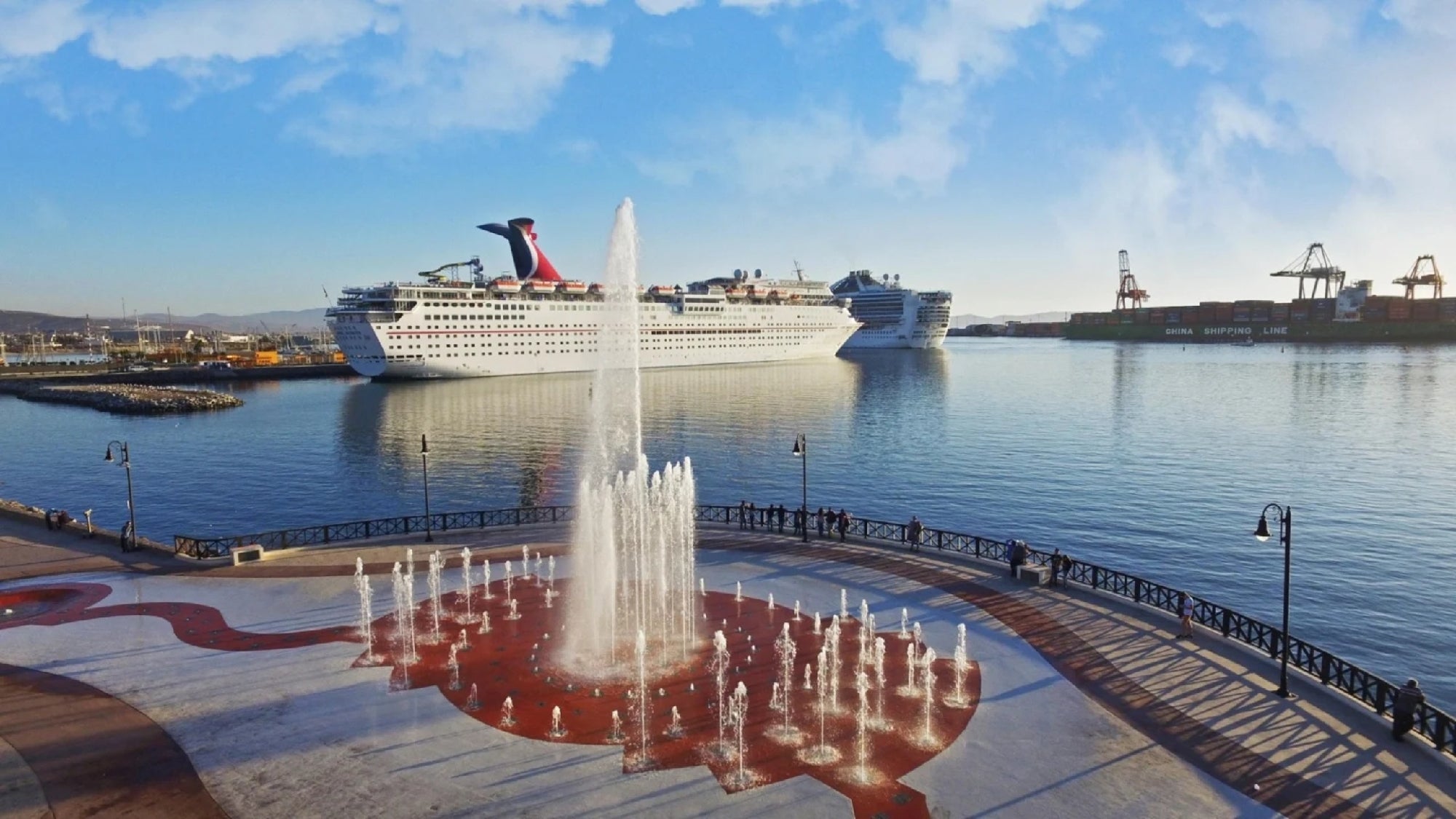 Ensenada waterfront fountain and promenade views
