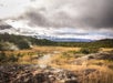 A grassy volcanic landscape with steam rising from the ground under a cloudy sky, with a few people visible in the distance.