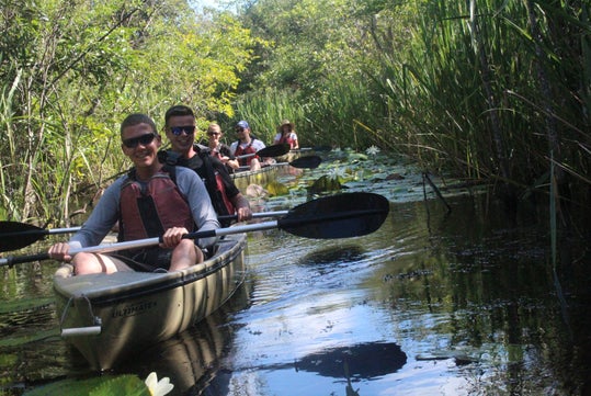 A group of people wearing life jackets paddle kayaks through a narrow, tree-lined waterway surrounded by tall grass and lily pads.