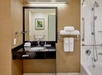 Hotel bathroom with a black countertop and sink, large mirror, wall-mounted towel rack, bathtub with shower, and art on the wall.