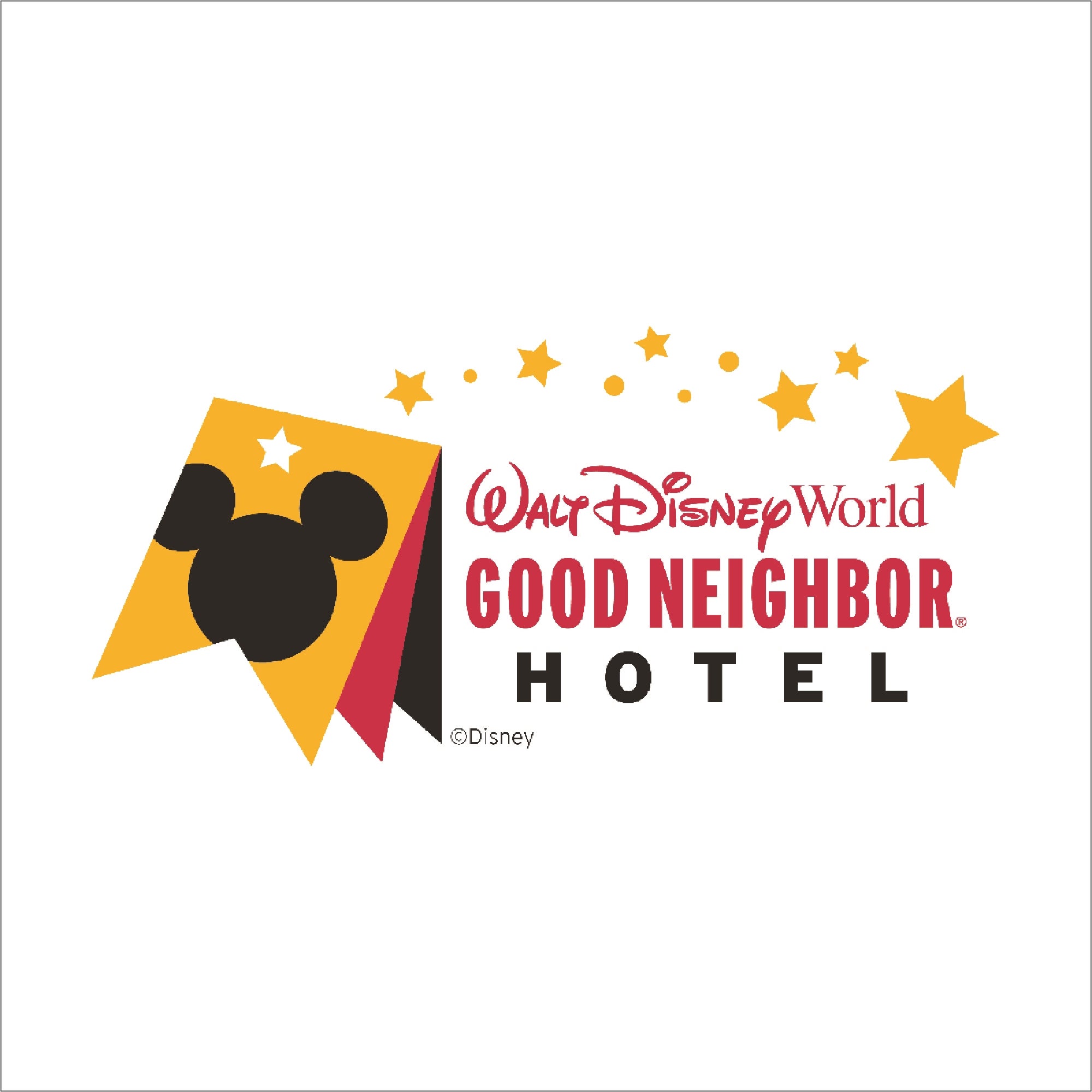 Walt Disney World Good Neighbor Hotel logo featuring a Mickey Mouse silhouette and yellow stars on a white background.