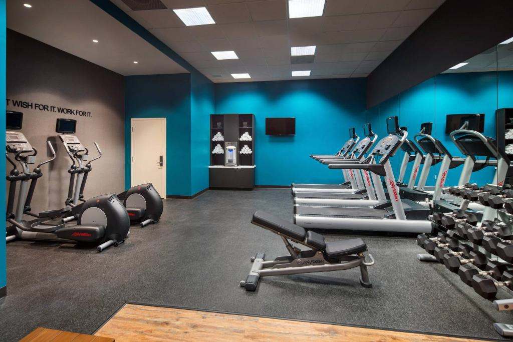 A fitness room with treadmills, elliptical machines, a bench, dumbbells, and a towel shelf against a blue wall.