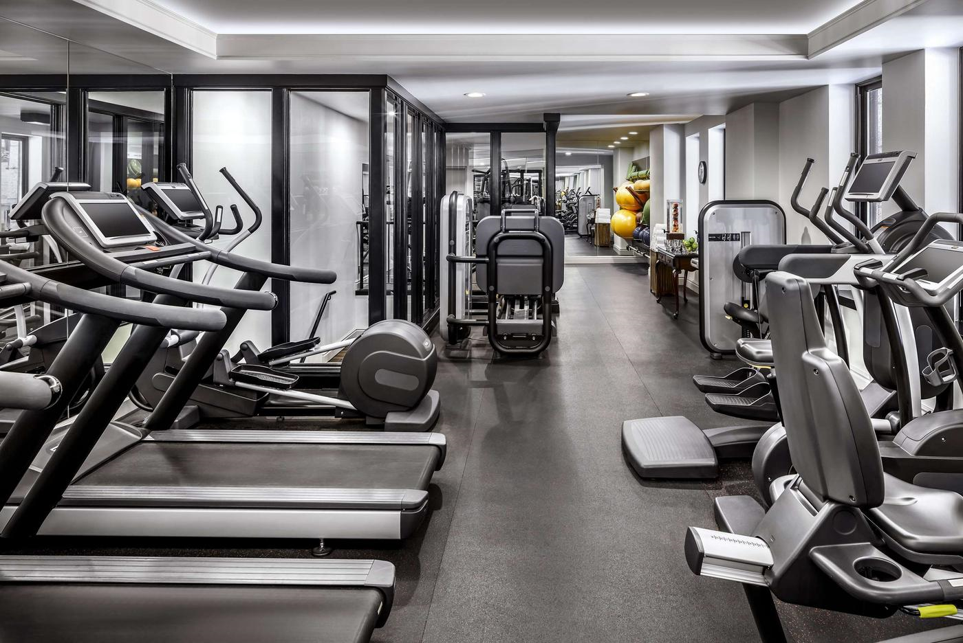 Modern gym interior with treadmills, stationary bikes, weight machines, and exercise balls in a well-lit room with large mirrors.