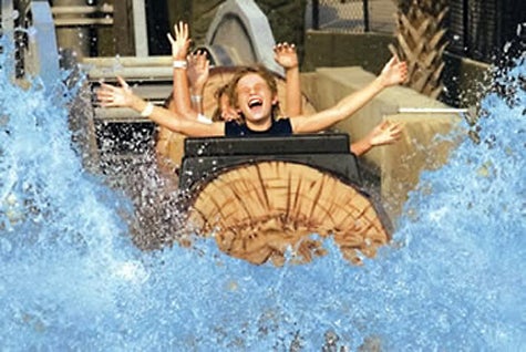 Two people with raised arms ride a log flume, splashing through water with excited expressions.