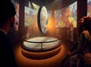 People observe a circular art installation with vivid murals and projected images in a dark, modern exhibition space.