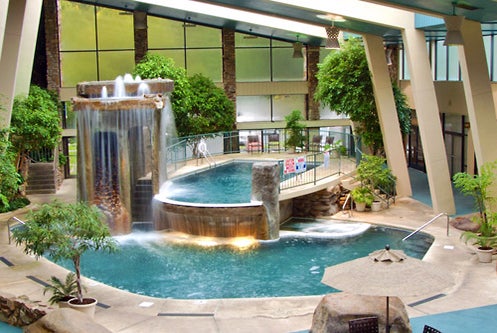 Dual-level indoor pools and waterfalls at Glenstone Lodge in Gatlinburg, Tennessee.