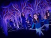 A girl in a blue shirt stands in a room of mirrors, creating multiple reflections under purple lighting and tree-like structures.