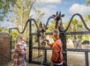 A woman with a baby and a man feed three giraffes over a fenced enclosure at a zoo on a sunny day.