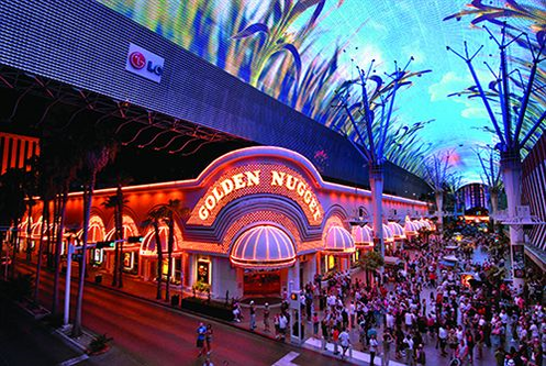 Extravagant hotel & casino exterior.
