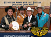 Four men in Western attire pose with banjo, mandolin, guitar, and upright bass in front of a sign promoting bluegrass, country, and gospel music. Text reads “Goldwing Express.”.