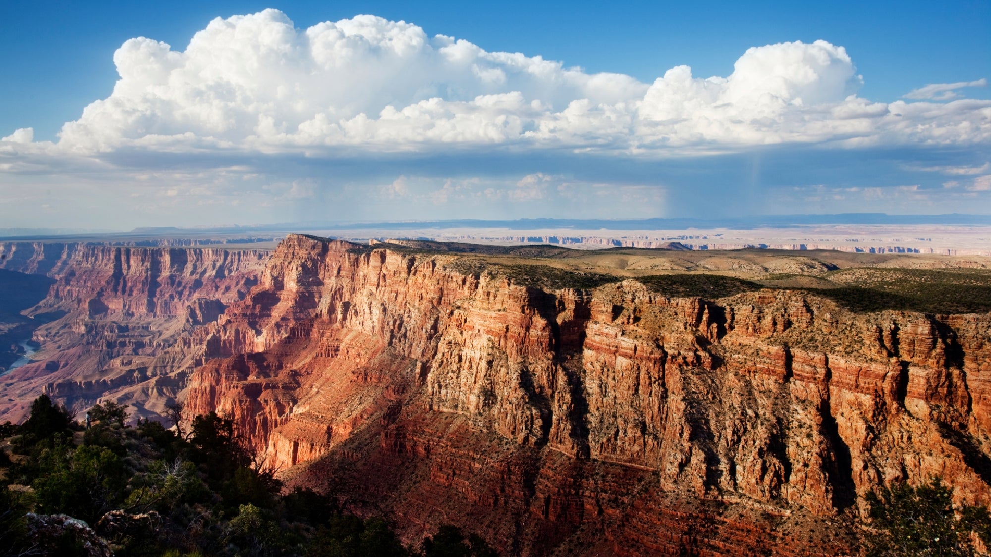 A panoramic view of the Grand Canyon shows layered red rock cliffs under a blue sky with large white clouds and distant rain.