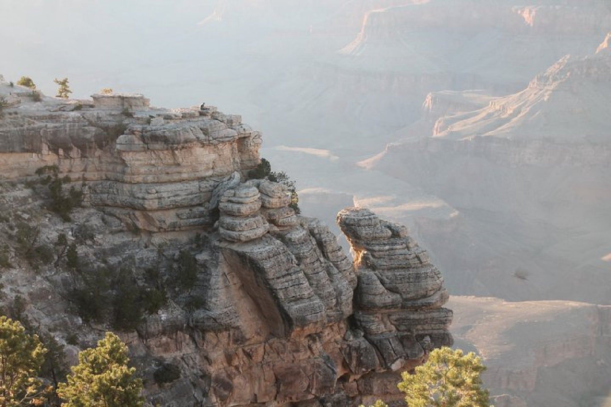 Rock formations and cliffs at the Grand Canyon with scattered trees and a hazy view of the canyon in the background.