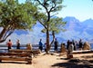 People stand and take photos at a Grand Canyon viewpoint, with benches and trees in the foreground and canyon landscape in the background.