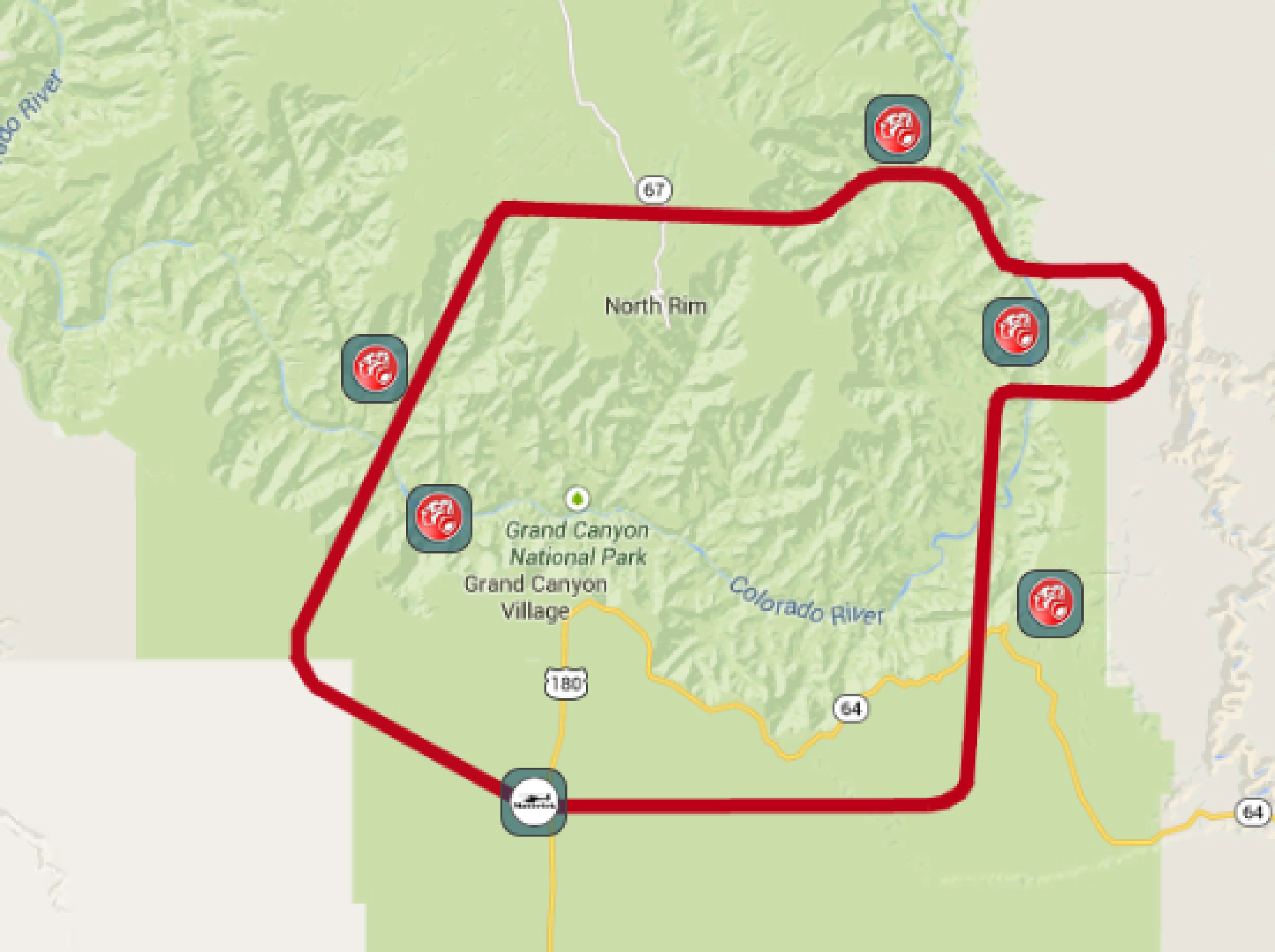 A map showing Grand Canyon National Park with a red outlined route, five hazard warning icons, and one airplane icon at the lower edge.