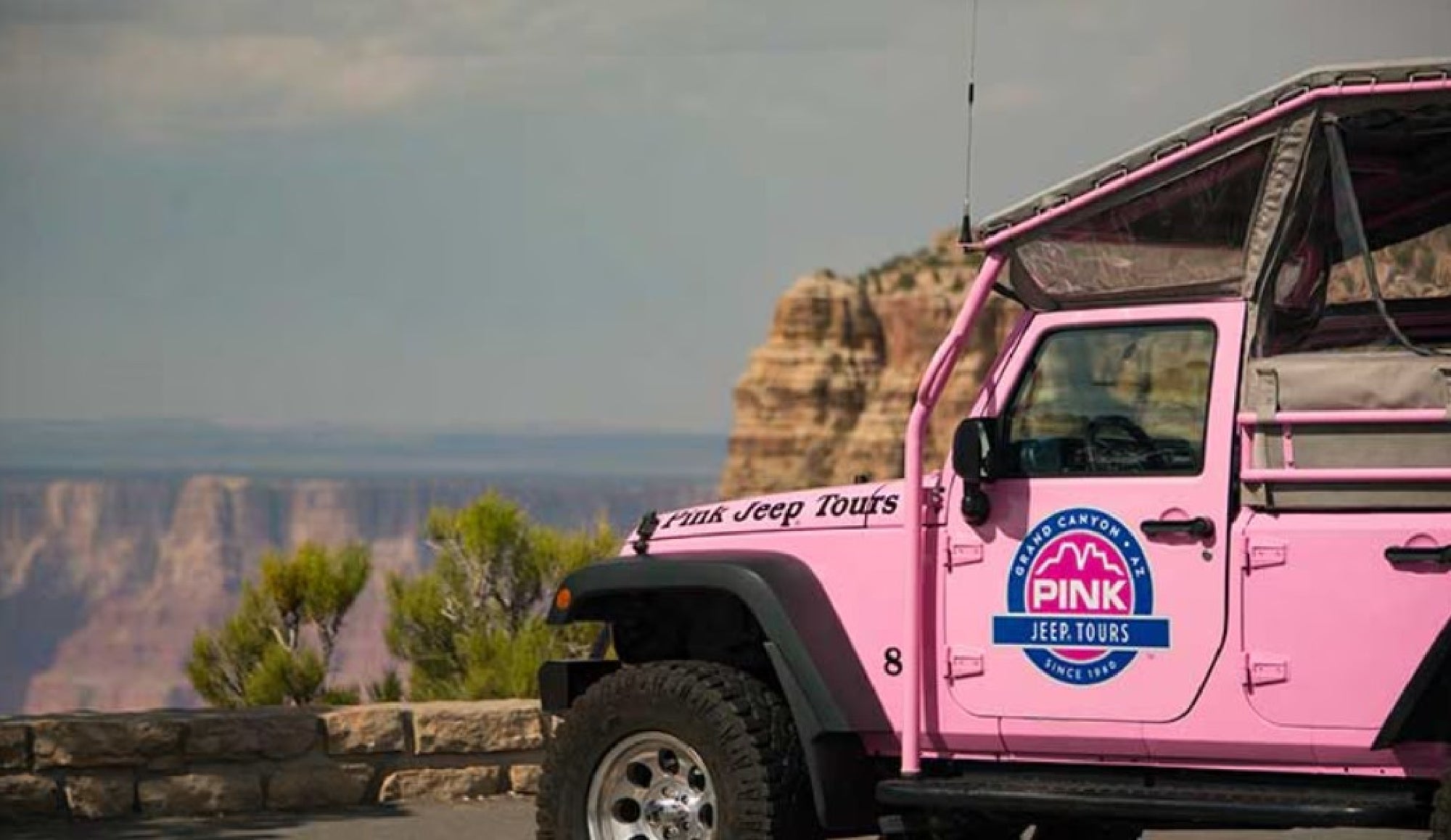 A pink Jeep with "Pink Jeep Tours" branding is parked near a stone wall overlooking a canyon landscape under a partly cloudy sky.