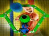 Child playing with a green foam ball cannon, aiming a blue ball forward, in a colorful indoor play area.