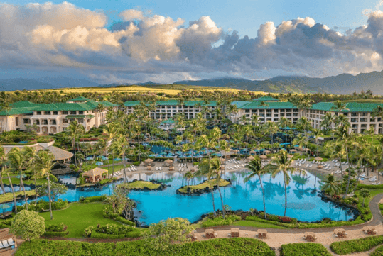 Aerial view of a large resort with multiple pools, surrounded by palm trees and lush greenery, set against a backdrop of mountains and a cloudy sky.