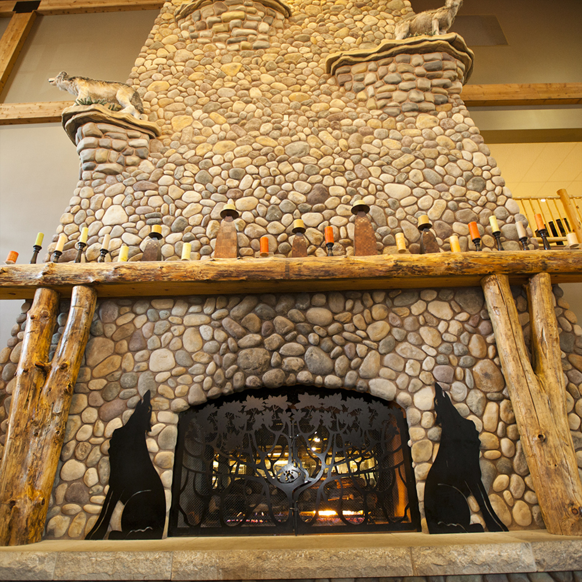 Lobby with fireplace.