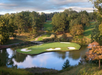Golf course with a green surrounded by sand bunkers, set on a small island in a pond. Trees and grassy areas are visible in the background.