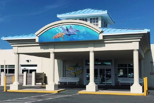 Front entrance to the hotel with Guy Harvey's signed painting of three dolphins and a turtle.