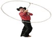 A man wearing a cowboy hat, red plaid shirt, and black chaps twirls a large lasso in front of him against a white background.