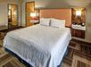 A hotel room with a neatly made bed, wooden headboard, wall-mounted lamps, a side table with a lamp, and a mirrored closet door. The carpet has a geometric pattern.