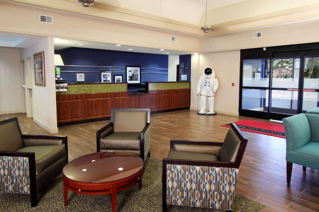 Hotel lobby with ample seating.