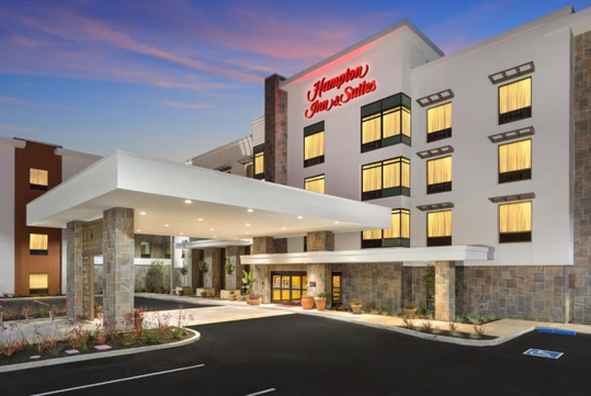 Beautiful landscaped hotel exterior.