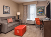 Seating area with a sofa bed, workspace and flat-screen TV at Hampton Inn & Suites Charlotte-Arrowood Rd., NC.