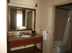 A brown sink with a large mirror over it and a separate room with a shower to the right of it in a room at the Hampton Inn & Suites New Braunfels.