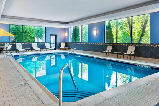 Indoor swimming pool with blue water, surrounded by lounge chairs and large windows overlooking greenery.