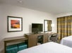 Two beds, chair & desk, and TV inside a guest room.