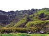 Two silver and black Maverick helicopters on the ground with the Molokai Waterfall and the rainforest in the background.