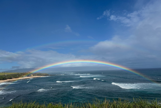 A double rainbow arcs over the ocean with waves and grassy shoreline under a partly cloudy blue sky.