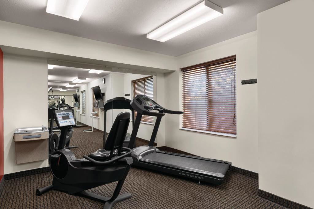 A small gym with a treadmill, exercise bike, wall mirror, water fountain, and windows with blinds.