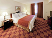 A hotel room with a king-sized bed, two bedside tables with lamps, patterned carpeting, a wall painting, curtains, and a TV on a dresser.