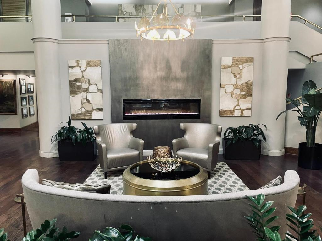 Cozy lobby with fireplace
