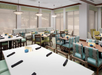 Modern restaurant interior with white tables, neatly arranged black napkins, and green cushioned chairs. Pendant lights hang from the ceiling above patterned booths by the windows.